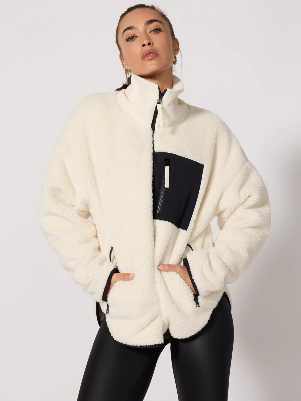 Spanx Frosted Ivory Sherpa Zip-Up Jacket with Black Trim
